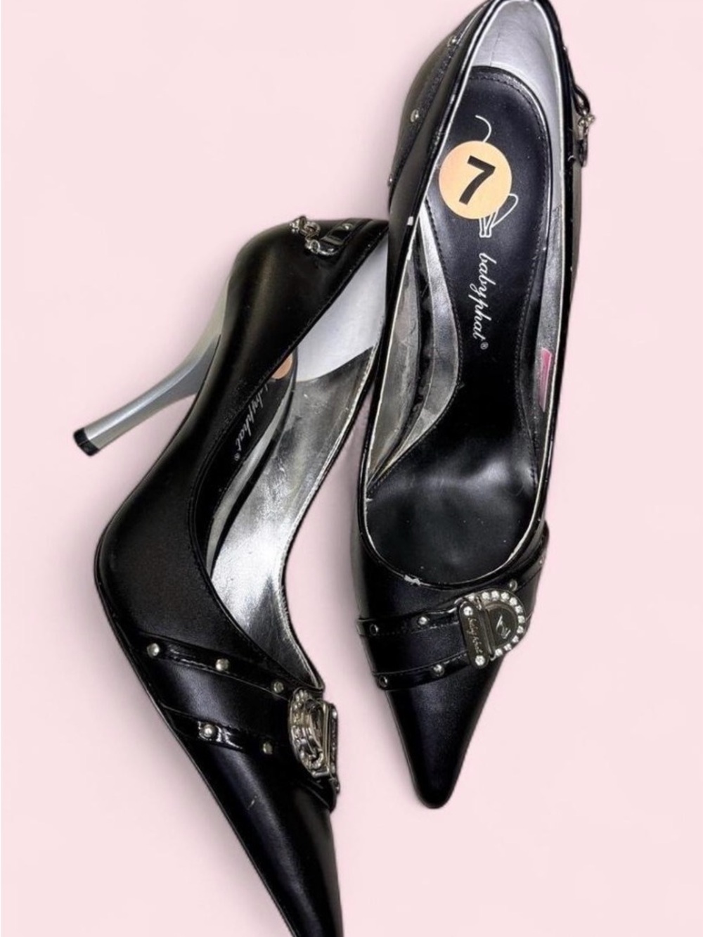 Baby Phat Black Pointed-Toe Stiletto Pumps with Embellished Buckle